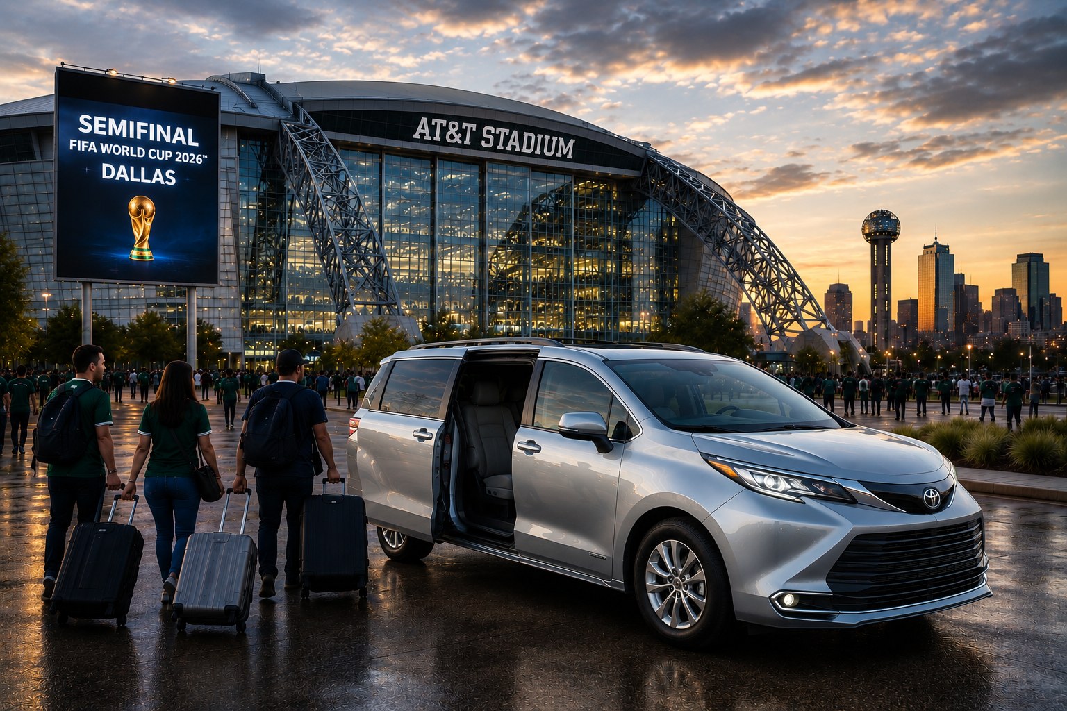 Toyota Sienna blanca frente al estadio de Dallas para la semifinal del Mundial 2026