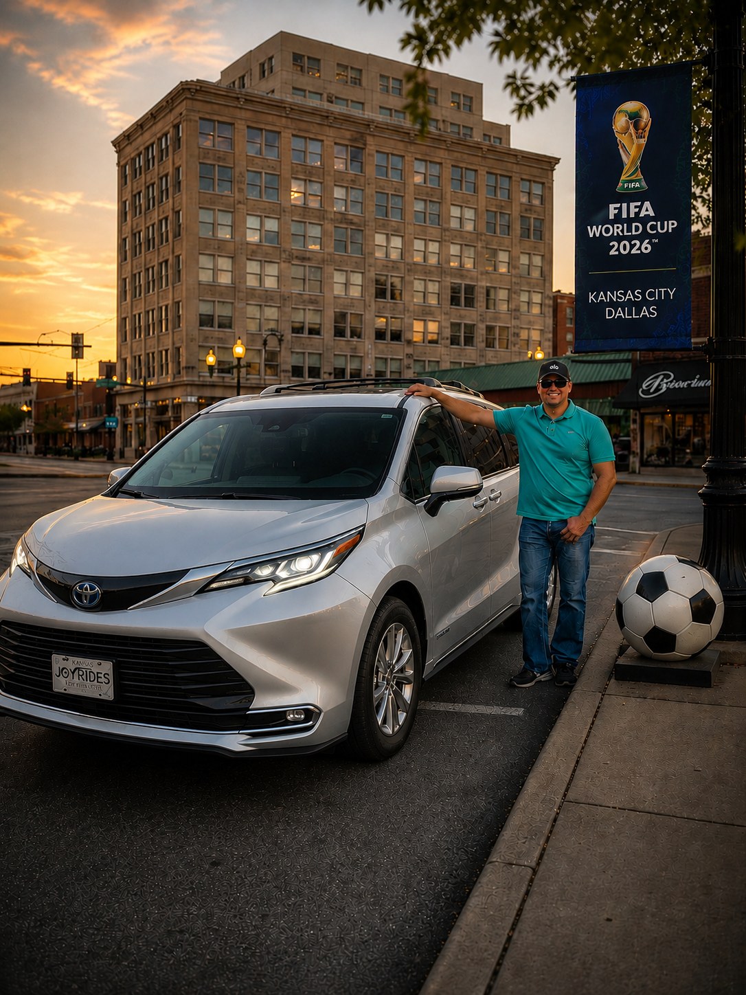 JoyRides Kansas con Toyota Sienna blanca y anuncio de Mundial 2026 Kansas City Dallas