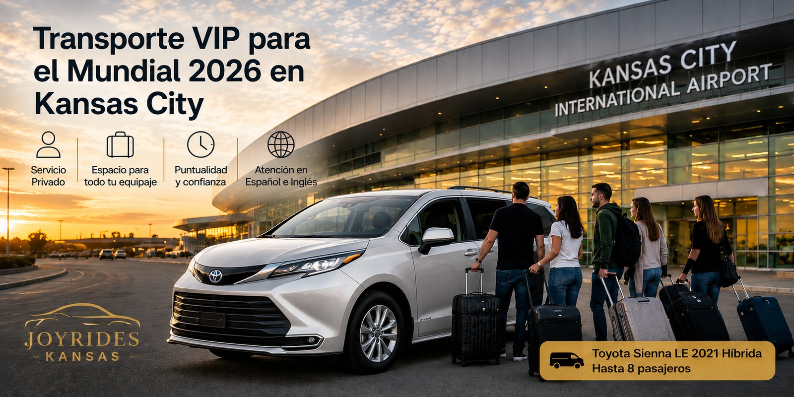 Promocional de JoyRides Kansas con Toyota Sienna blanca para transporte VIP del Mundial 2026 en Kansas City