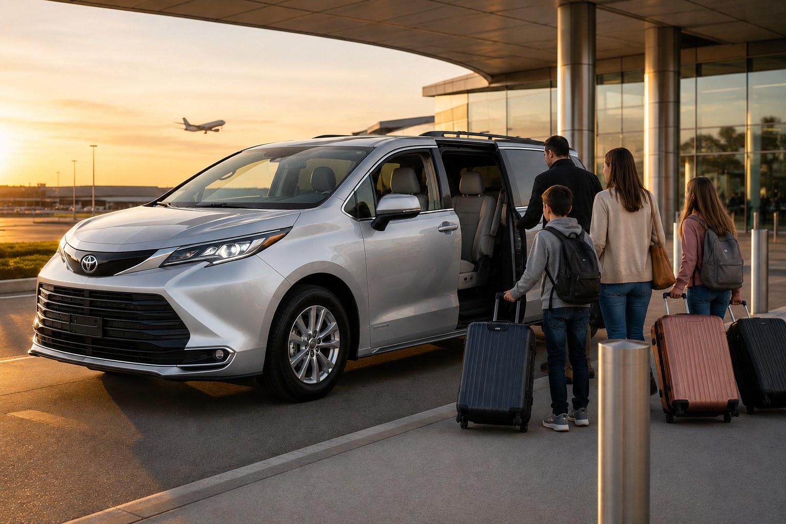 Toyota Sienna blanca de JoyRides Kansas recogiendo a una familia con maletas en el aeropuerto de Kansas City al atardecer